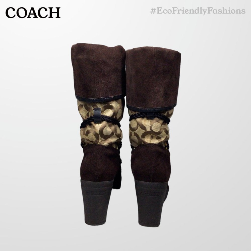 Coach Womens Maisy Signature C Logo Brown Leather & Canvas Wedge Boots Size 7 - Picture 3 of 5